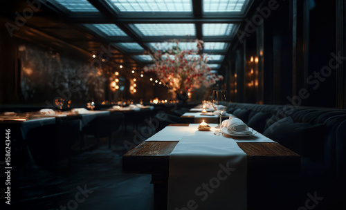 Luxurious, decorated high class restaurant dining table with candles and plates. Cinematic mood, night mode, romantic hotel decoration.