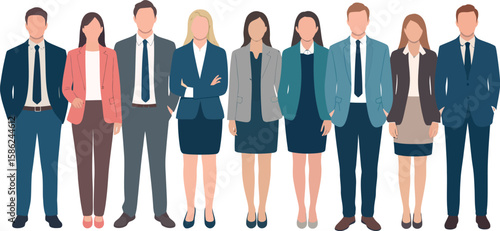 Set of young men and women, different colors, cartoon character, group of silhouettes of standing business people, design concept of flat icon on white background