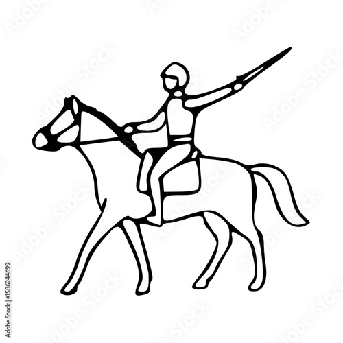 Rider on horseback, commanding position, raising sword, minimalist sketch style, copy space