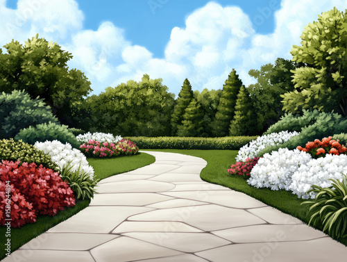 beautiful garden path winds through vibrant flowers and lush greenery, visitors to explore landscape. bright blue sky adds to cheerful