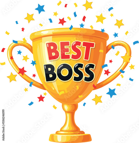 Best Boss Trophy with Confetti And Stars - Appreciation Award Graphic.