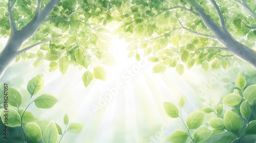 lush forest canopy with vibrant green leaves filtering sunlight, creating . interplay of light and foliage evokes sense of peace and connection to nature