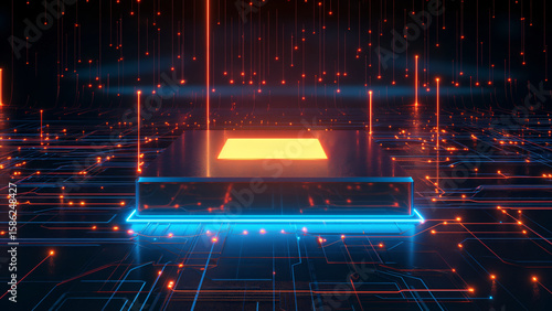 Futuristic glowing chip on platform with digital particles. Technology concept.