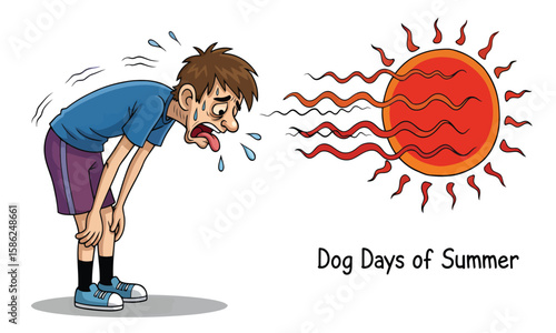 Cartoon Illustration vector of Sweaty Person Under Blazing Red Sun with “Dog Days of Summer” Text — Humorous Visual Depiction of Summer Heat, Fatigue, and Seasonal Wellness Concepts