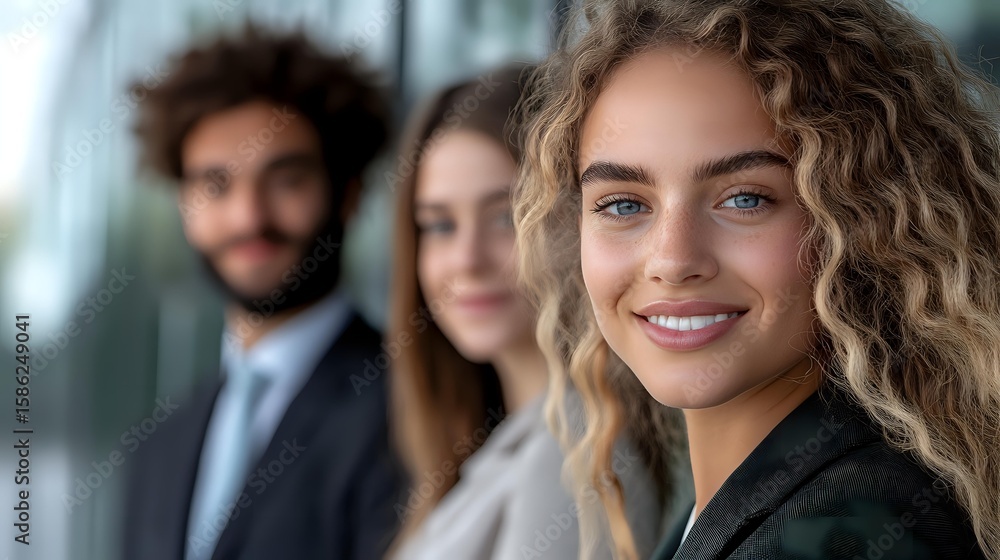 Young diverse business team in modern office, focus on confident professional woman with curly blonde hair smiling at camera, leadership concept. Young diverse business team in modern office, focus on confident professional woman with curly blonde hair smiling at camera, leadership concept.