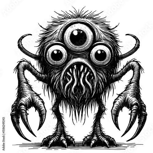 Furry monster with claws illustrated in black and white horror style