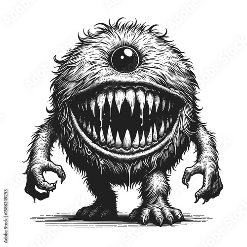 Monster illustration in black and white representing fear