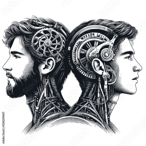 Man and robot hybrid illustration in black and white