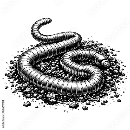 Earthworm in detailed drawing in black and white on soil