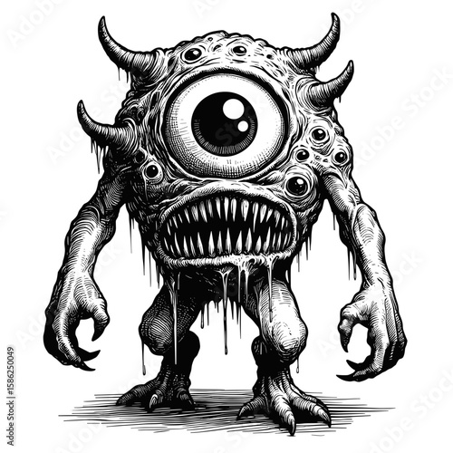 Monster with horns and many eyes in black and white ink style