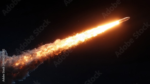 Digital rendering of rocket missile launch with fiery propulsion trail over black space backdrop