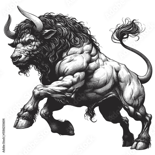 Minotaur charging, mythological illustration