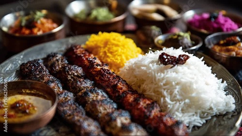 Grilled kebabs with fragrant rice and assorted side dishes on plate  