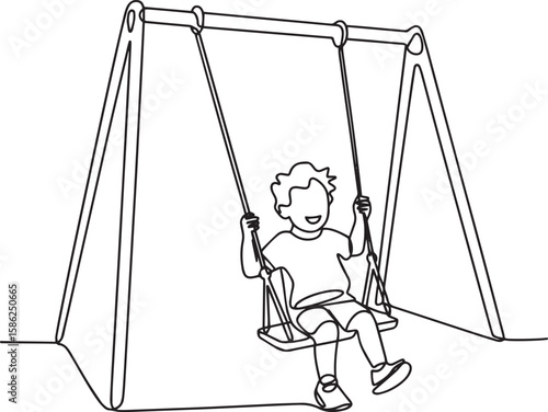 Continuous line art drawing of happy child playing on swing in park, minimalist outdoor fun vector illustration

