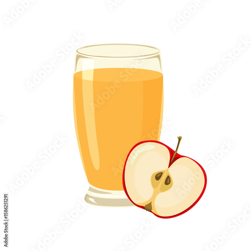 Apple juice in glass and slice of apple. Fresh fruit drink icon. Vector cartoon flat illustration.