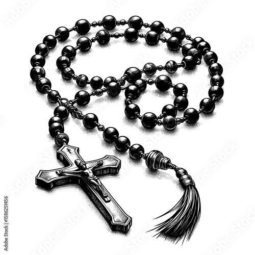 Rosary beads drawing in black-and-white for prayer