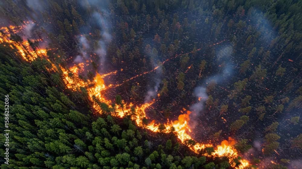 Forest fire in wilderness with bright flames burning trees and smoke ...