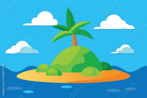 A tropical island paradise, idyllic and serene, with a single palm tree atop a small, sandy island surrounded by calm ocean waves and fluffy white clouds.