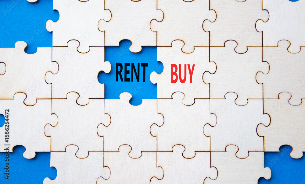 Fototapeta premium Rent or Buy symbol. Concept word Rent or Buy on wooden puzzle. Beautiful blue background. Business and Rent or Buy concept. Copy space
