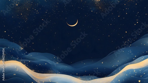 Crescent moon shining over blue abstract wavy landscape and starry sky