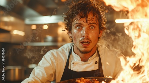 A chef looks shocked as a pan of food catches fire in a busy kitchen