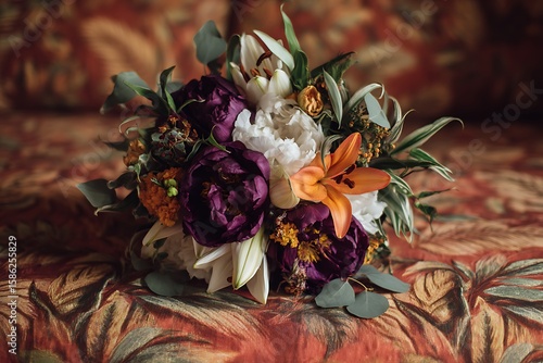A bouquet full of character, featuring dark purple peonies, white lilies, and orange marigolds, mixed with delicate ivy and soft green eucalyptus.