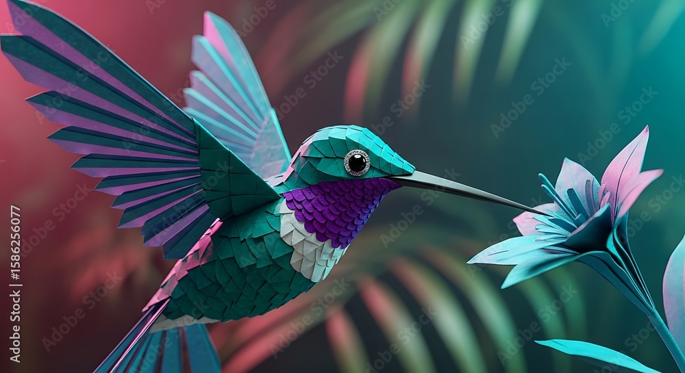 Obraz premium A vibrant teal and purple origami hummingbird hovers near a delicate paper flower, amidst stylized foliage.