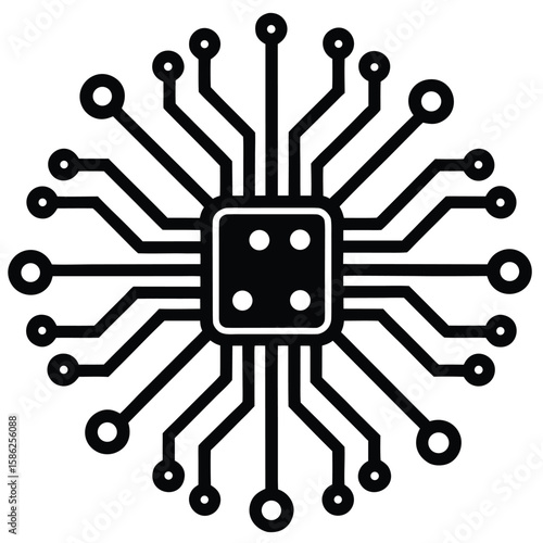 Black and White Central Processing Unit Illustration Showing Multiple Connections and Circular Outlets