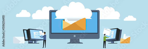 Business people sending email messages and files through cloud computing with desktop computers in flat design technology concept illustration