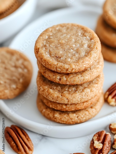 Wallpaper Mural Stack of freshly baked pecan sandies cookies with sea salt sprinkled on top, served on white plate with scattered nuts, macro food photography. Torontodigital.ca