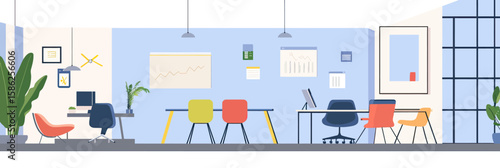 spacious coworking office interior with colorful chairs desks laptops modern plants minimalist flat vector design workspace environment
