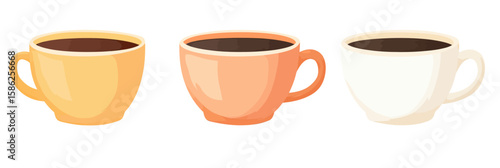 Three colorful coffee cups filled with dark coffee in minimalist flat style isolated on white background vector illustration for beverage concept design