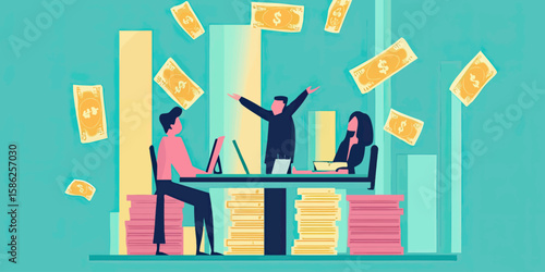 Flat vector business people celebrating financial success with computer, stacks of documents, falling money, bar chart analytics in modern office scene illustration