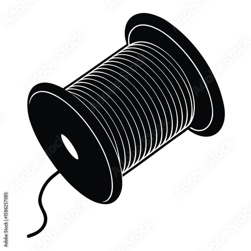 Black and White Illustration of Thread Spool with Loose End Outlining Design