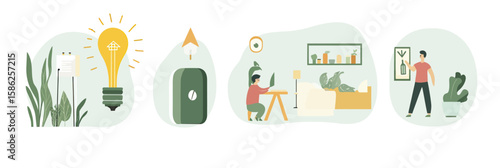 Energy saving concept vector illustration with light bulb power switch man water plants home eco friendly environmentally conscious living sustainable lifestyle