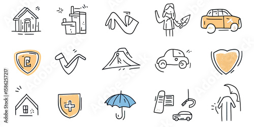 Hand drawn insurance icons set including house, city buildings, shield protection, car accident, umbrella health safety, pipe and walking cane doodles in flat minimalist style