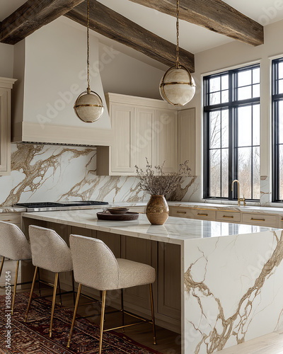 Modern kitchen with marble countertops, wooden beams, and elegant lighting. design features spacious island with stylish bar stools, creating warm and