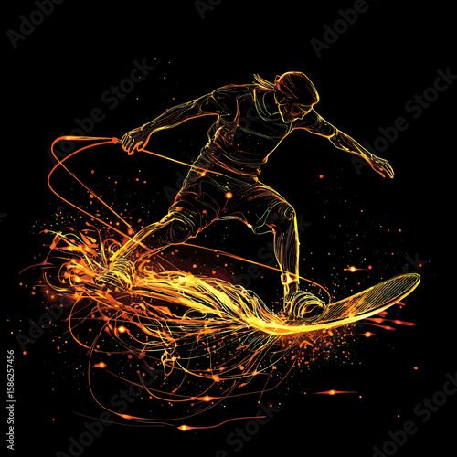 Dynamic glow lines silhouette of wakeboarder performing trick on fiery wave splash with rope handle modern vector sport illustration on black background