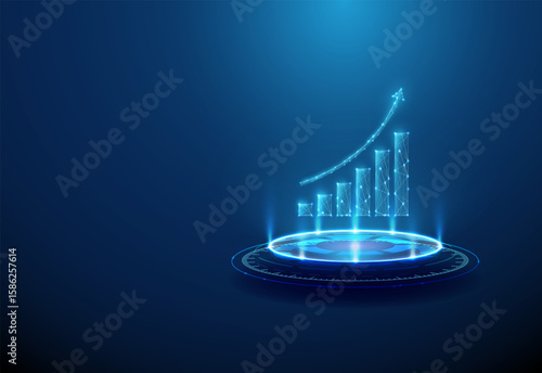 Increasing chart on futuristic podium. Economic growth, business success, data analytics and technological progress concept.