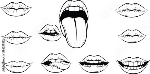 Line lips icons collection. Vector illustration of sexy women's lips, expressing different emotions, such as smile, kiss, half-open mouth, biting lip, lip licking, tongue out.