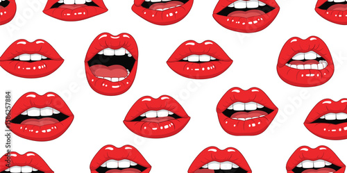 Lips pattern. Vector seamless pattern with woman's red sexy lips on white background.