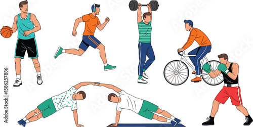 Male physical activity collection. Vector cartoon illustration in flat style of a young man who jogs, plays basketball, rides a bike, does boxing, etc.