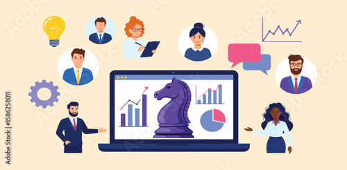 Online Business Concept. Vector cartoon illustration of a group of diverse people discussing a strategy on a laptop monitor via video call.