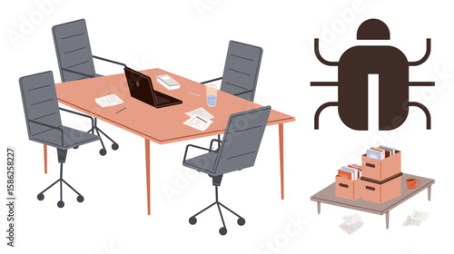 Workspace setup of a table, chairs, laptop, documents, and water glass. Nearby bug icon symbolizes programming errors. Ideal for teamwork, office planning, debugging development productivity data