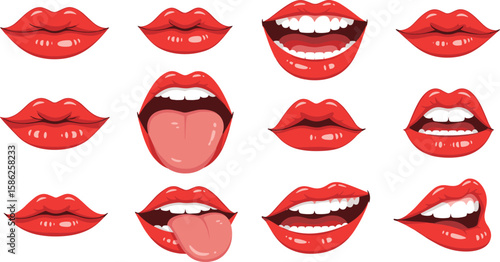 Red lips collection. Vector illustration of sexy woman's lips expressing different emotions, such as smile, kiss, half-open mouth, biting lip, lip licking, tongue out.