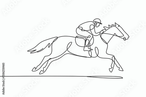 Dynamic continuous line drawing of a jockey riding a galloping horse silhouette isolated on white background
