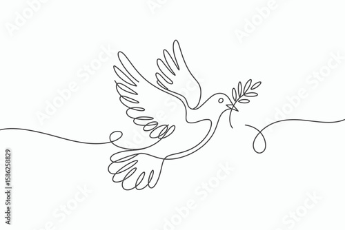 Elegant single line drawing of a dove carrying an olive branch silhouette isolated on white background