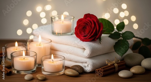 A red rose rests on folded towels with lit candles