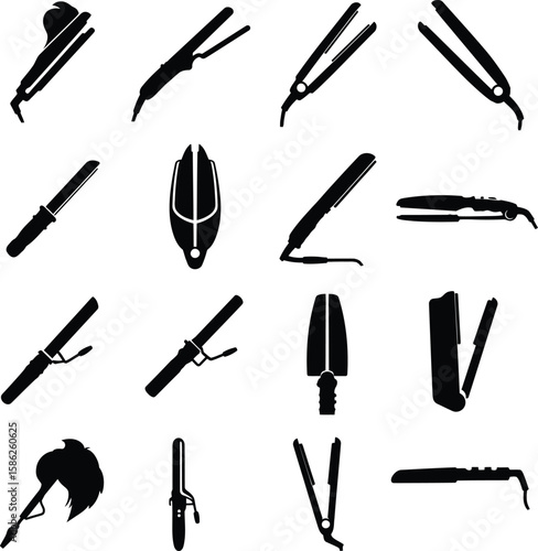 Hair Styling Tools Collection: Flat Irons, Curling Wands, and Straighteners. A comprehensive vector illustration set of various hair care appliances for beauty salons, personal grooming, and fashion.