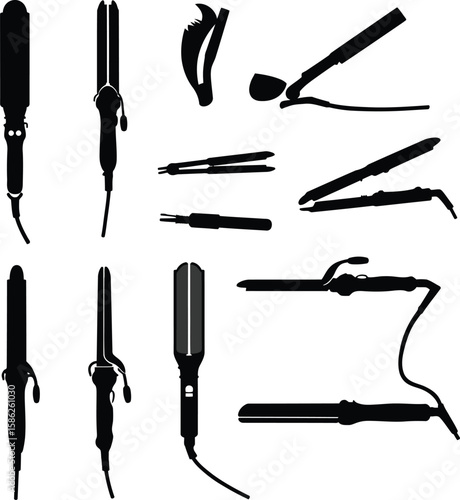 Hair Styling Tools Collection: Flat Irons, Curling Wands, and Straighteners. A comprehensive vector illustration set of various hair care appliances for beauty salons, personal grooming, and fashion.